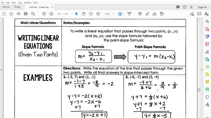 Eighth Grade Algebra Worksheet Writing Linear Equations From Two Points Image 4 Eighth grade math worksheet for writing linear equations from two points involving fractions