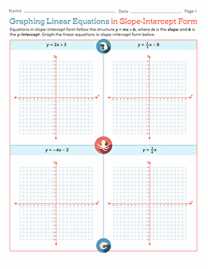 Graphing Linear Equations in Slope Intercept Form Worksheet Two Eighth grade math worksheet showing linear equations written in slope intercept form ready for graphing