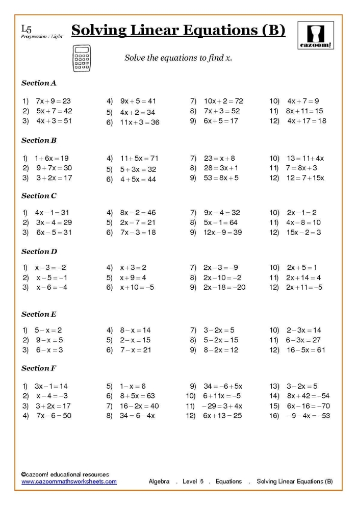 Solutions to Linear Equations Practice Worksheet for 8th Grade Math 24 Eighth grade worksheet featuring various algebraic problems to determine the number of solutions for linear equations