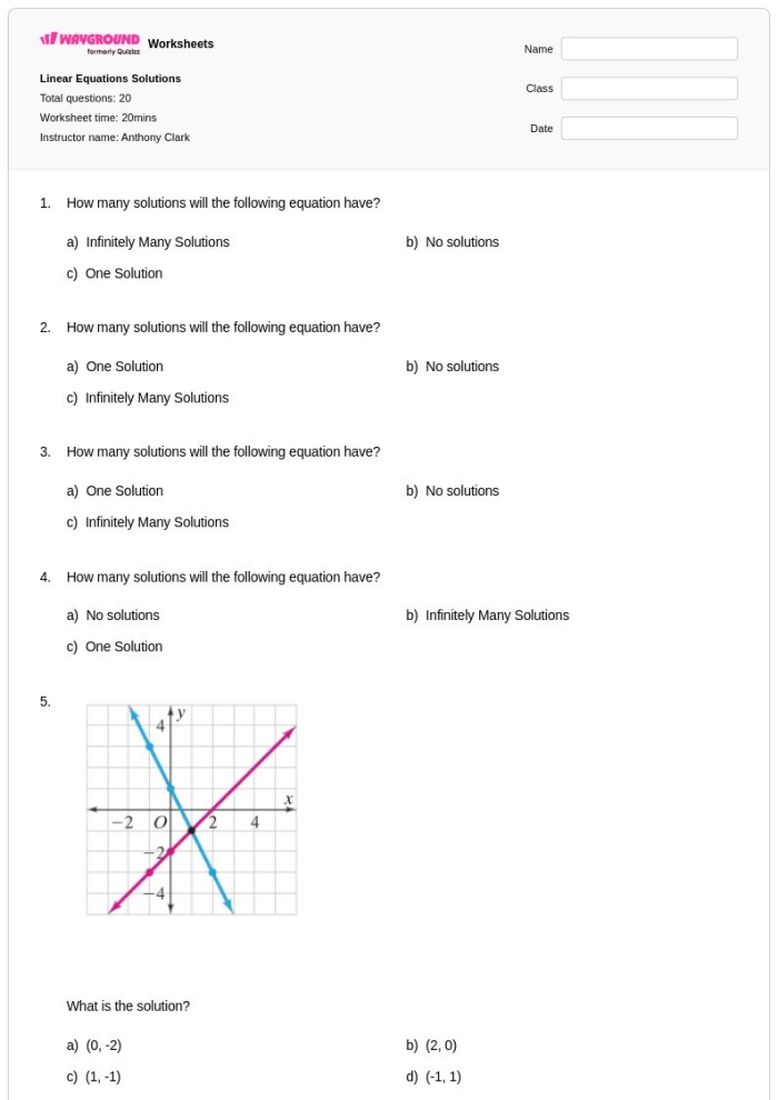 Finding Solutions to Linear Equations Practice Activity for Grade 8 Eighth grade student solving linear equations to find the number of solutions on an algebra worksheet