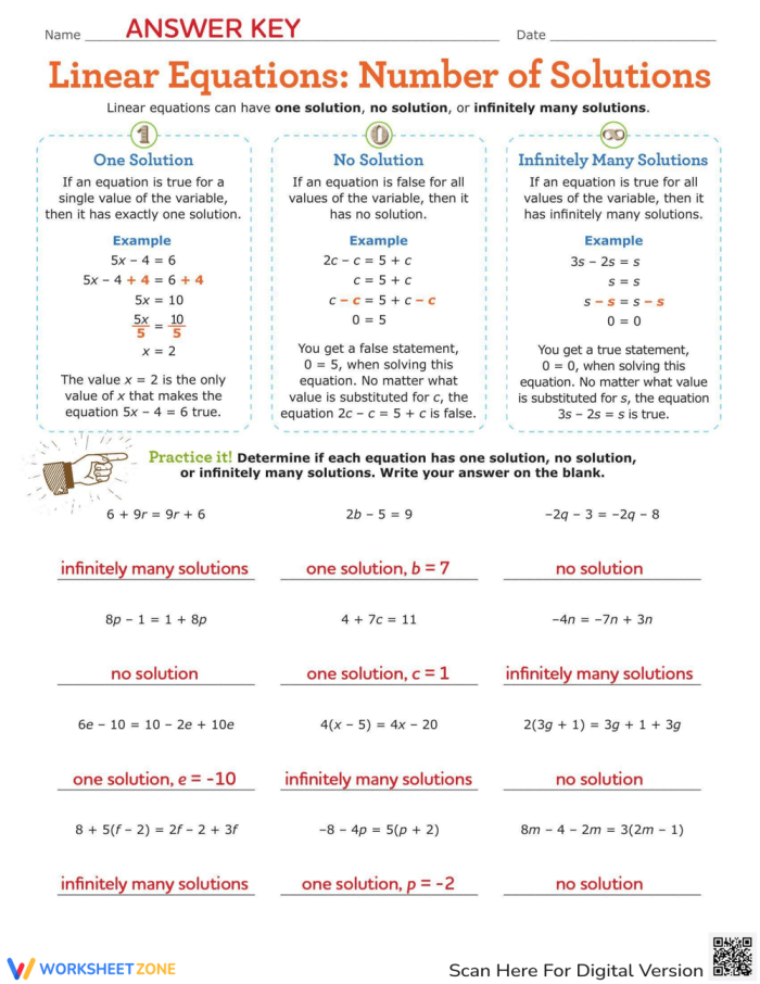 Eighth grade student solving linear equations to determine if they have one solution, no solution, or infinite solutions