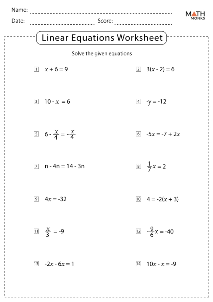 Eighth grade math worksheet showing linear equations with one, none, or infinitely many solutions