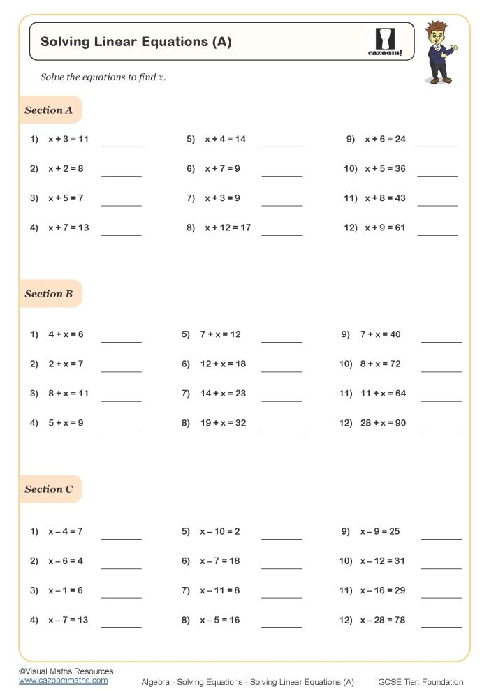 Eighth grade math worksheet showing linear equations with one, zero, or infinitely many solutions