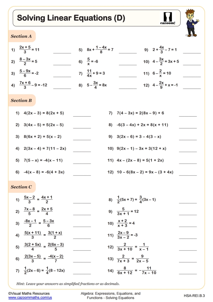 Eighth grade worksheet for identifying if a linear equation has one, zero, or infinite solutions