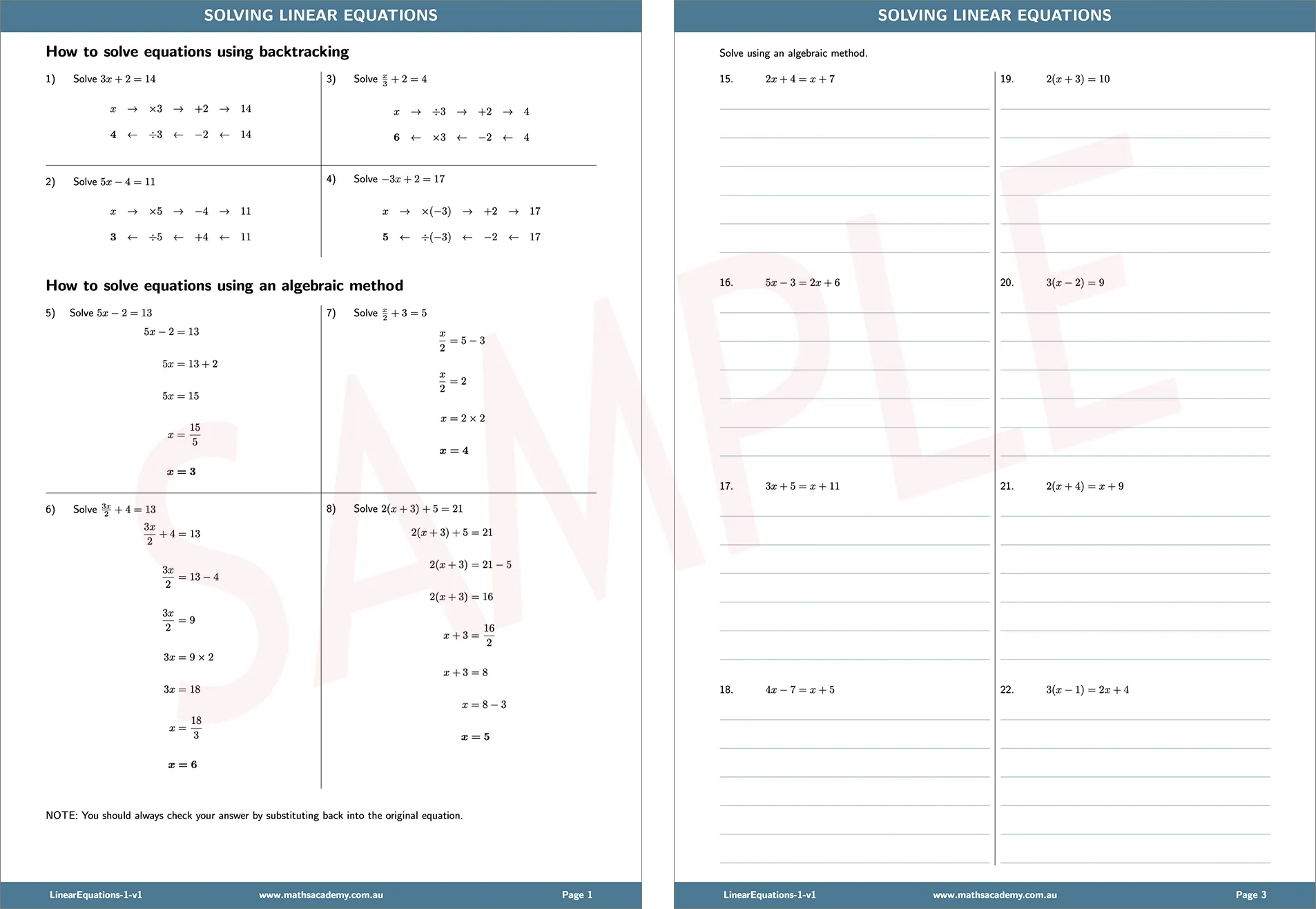 Solutions to Linear Equations Worksheet Image 23 Eighth grade math worksheet focusing on identifying the number of solutions to linear equations