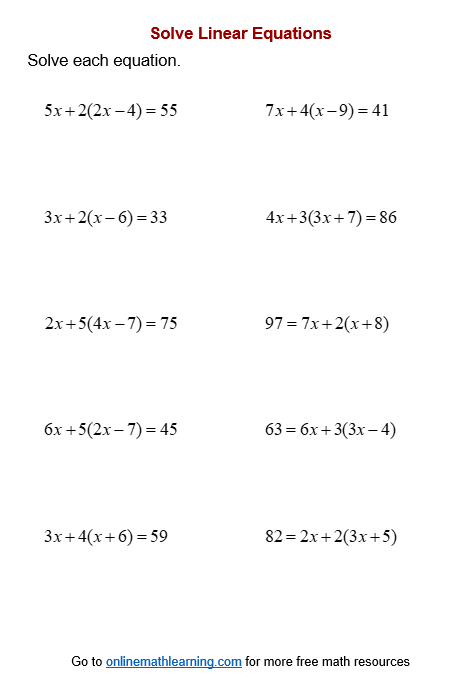 Solutions to Linear Equations Practice Worksheet 18 Eighth grade algebra worksheet focusing on determining the number of solutions to linear equations