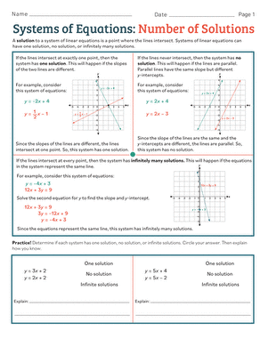 Eighth grade math worksheet showing linear equations with one, zero, or infinite solutions