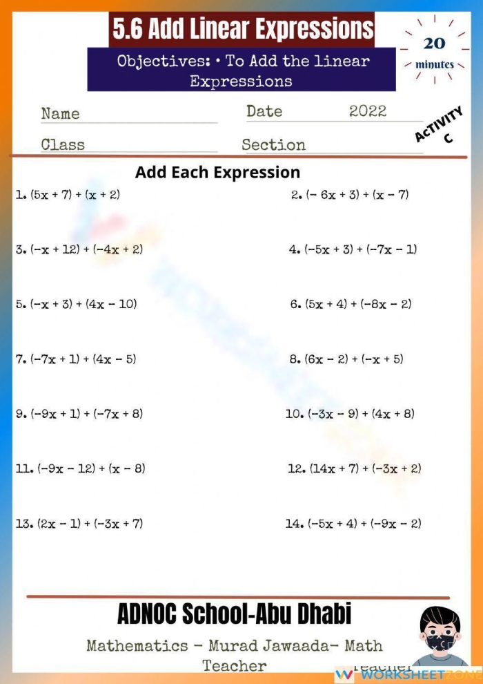 Add Linear Expressions Practice Problem for Grade 7 Algebra Seventh grade student solving addition of linear expressions using exponent properties on algebra worksheet