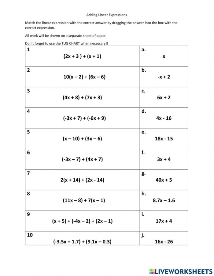Adding Linear Expressions Worksheet 25 for Seventh Grade Algebra Students Seventh grade math worksheet focused on practicing the addition of linear expressions using exponent properties