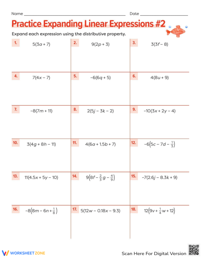 Identifying Equivalent Linear Expressions Practice Worksheet Fourteen Seventh grade student working on a worksheet to practice identifying equivalent linear expressions for measurement