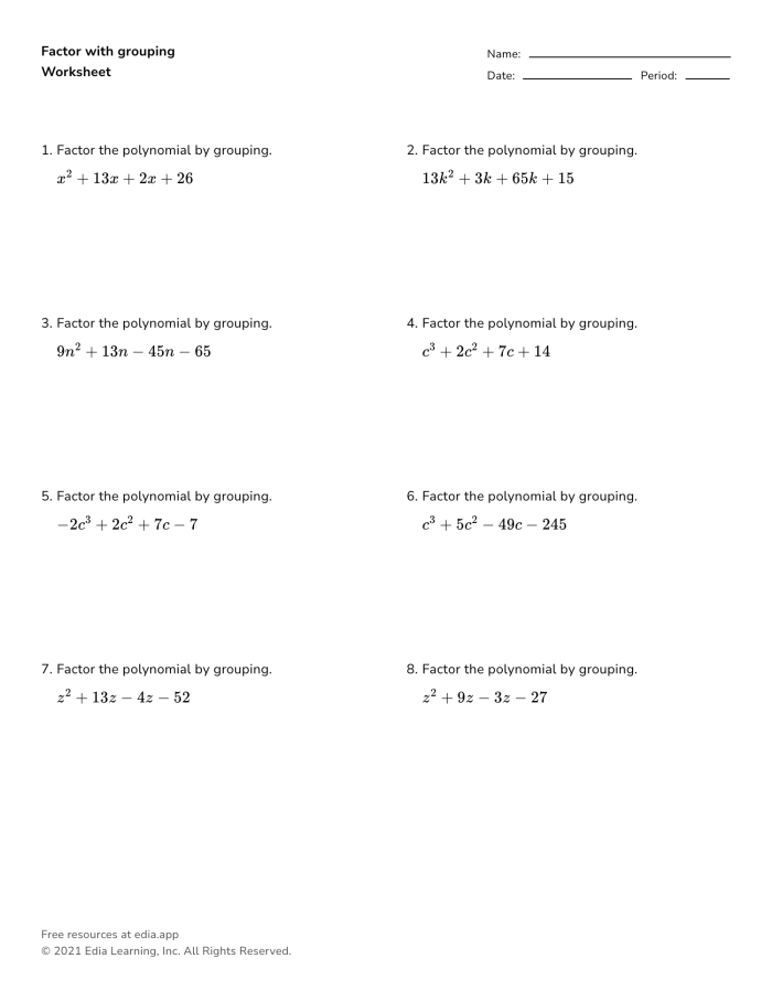 Seventh grade math worksheet featuring problems on expanding and factoring linear algebraic expressions