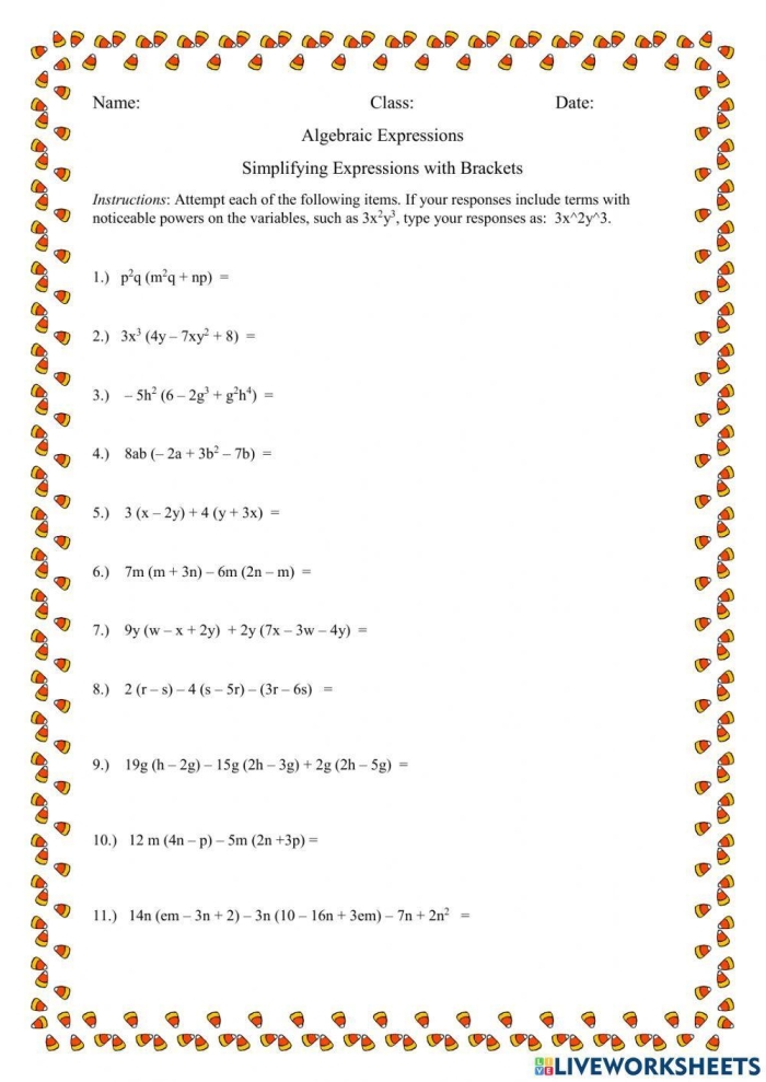Seventh grade student solving expanding and factoring linear expressions problems on a practice worksheet