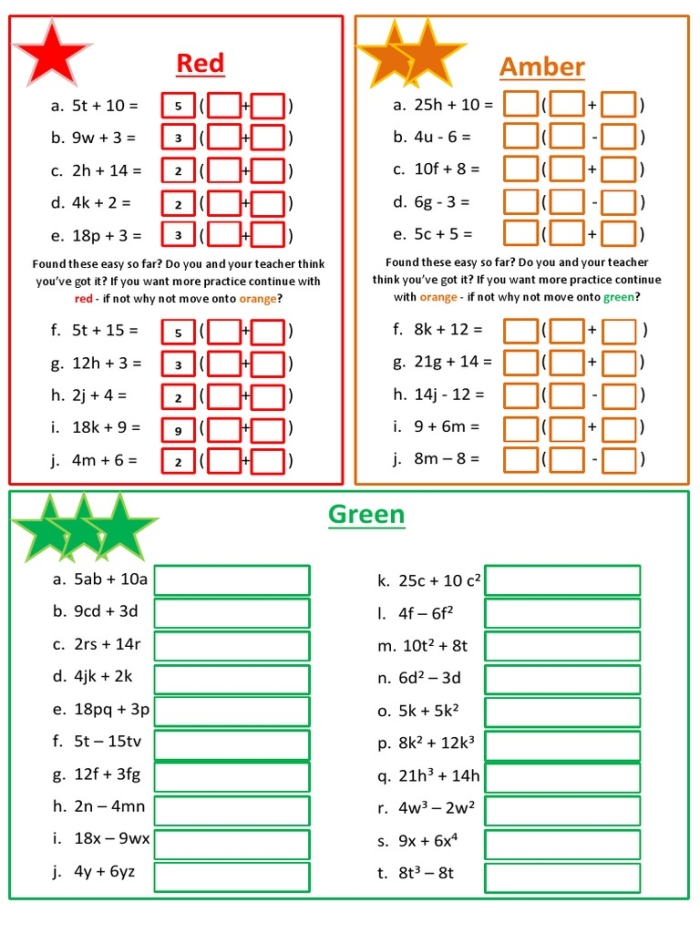 Seventh grade math worksheet focused on expanding and factoring linear expressions