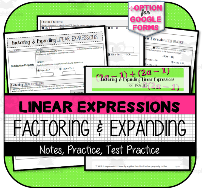 Seventh grade math students practicing expanding and factoring linear expressions on a worksheet