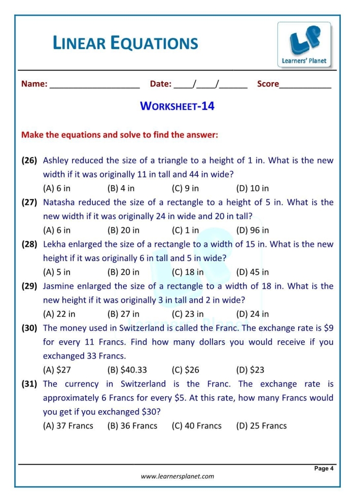 Eighth grade student working on a two-page algebra worksheet covering linear function word problems