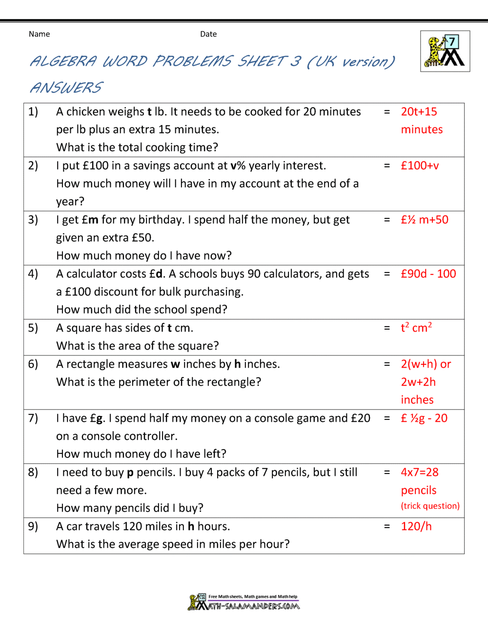 Linear Function Word Problems worksheet for eighth graders featuring practice exercises
