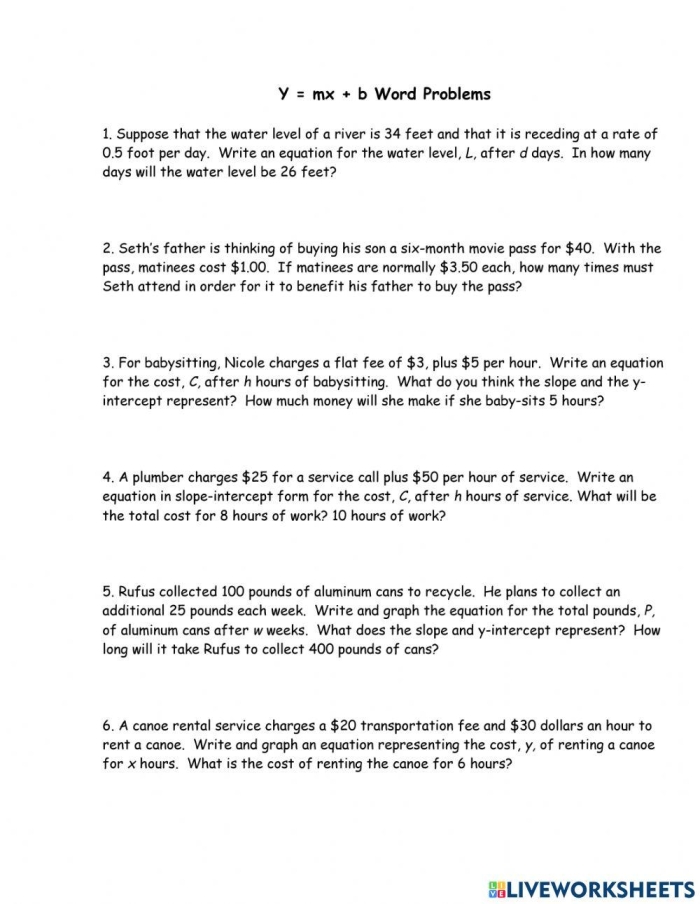 Eighth-grade algebra worksheet focusing on linear function word problems