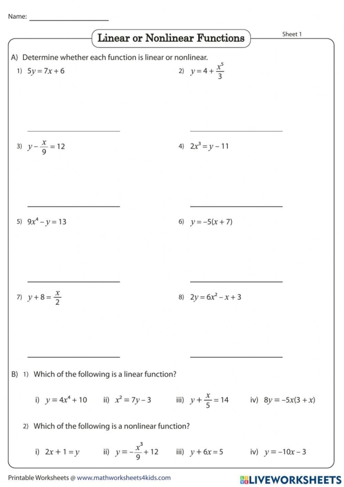 Eighth grade algebra worksheet focusing on identifying linear and nonlinear functions from graphical representations