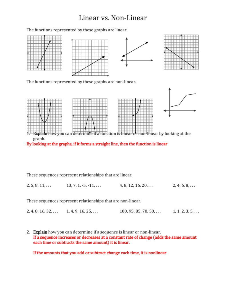 Eighth grade student analyzing curved and straight line graphs to classify linear versus nonlinear functions on worksheet page 12