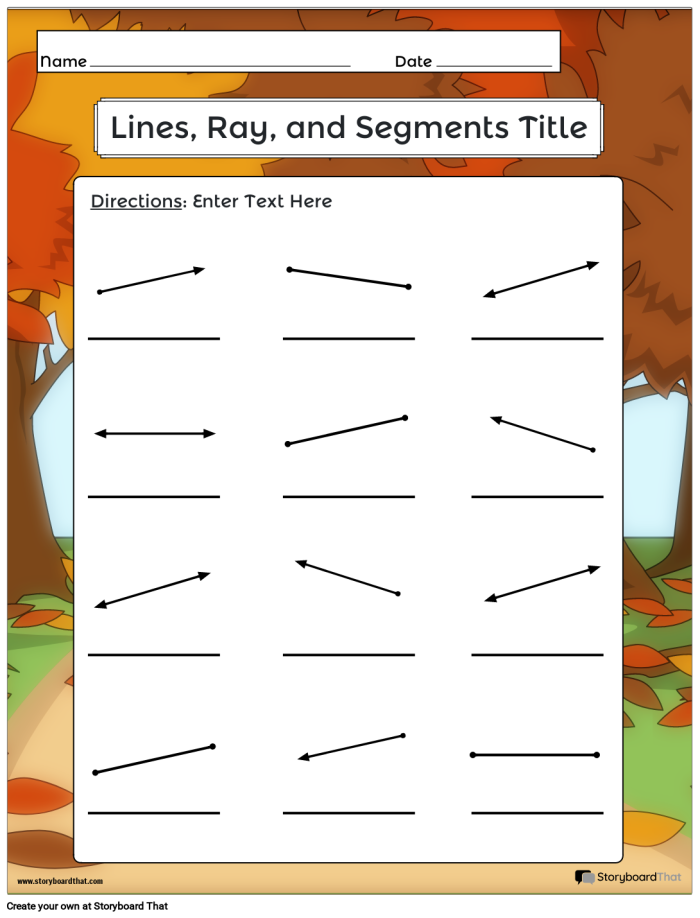 Worksheet for practicing lines, line segments, and rays in geometry for third graders