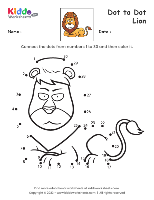 First grade connect the dots lion worksheet image 8 with numbered dots from 1 to 50