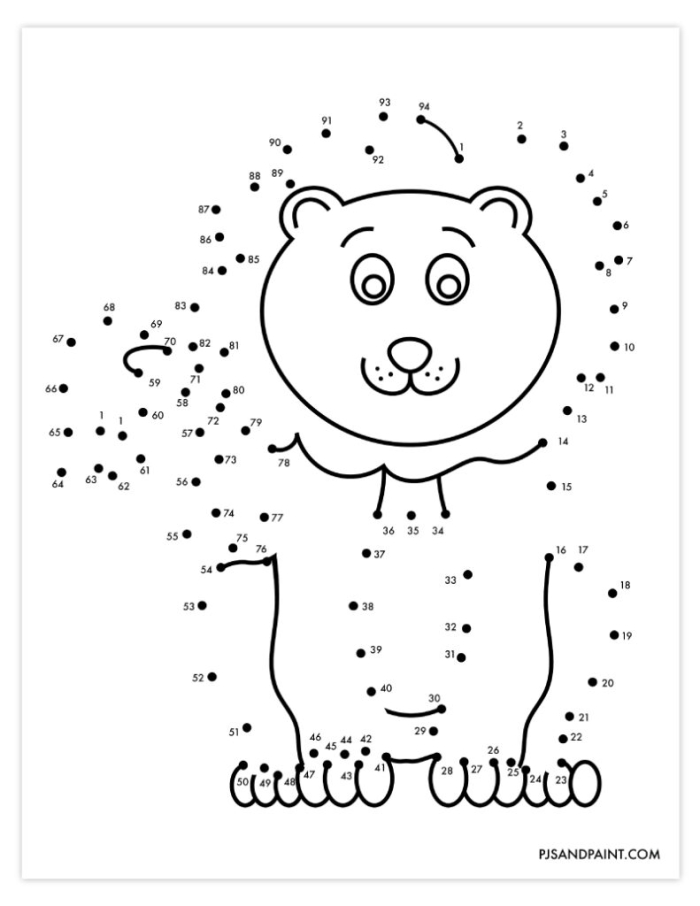 First grade connect the dots lion worksheet with numbers 1 to 50 for students to draw lines and reveal the picture