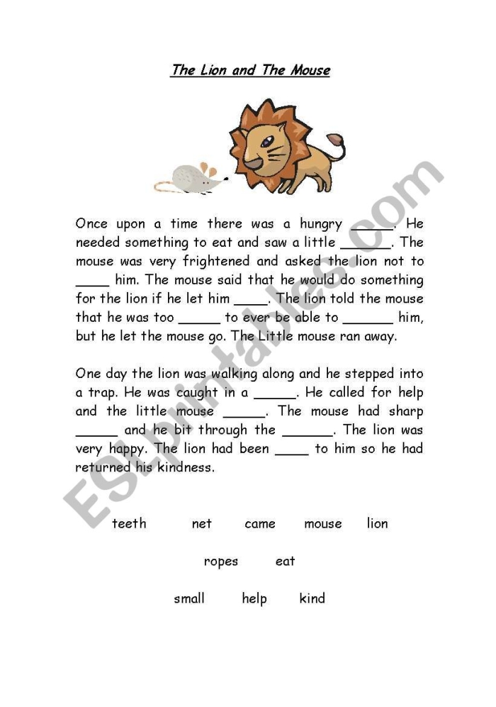 Second grade handwriting worksheet featuring Aesop's The Lion and the Mouse fable
