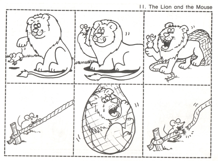 Second grade worksheet featuring the Lion and the Mouse fable for handwriting and moral analysis practice