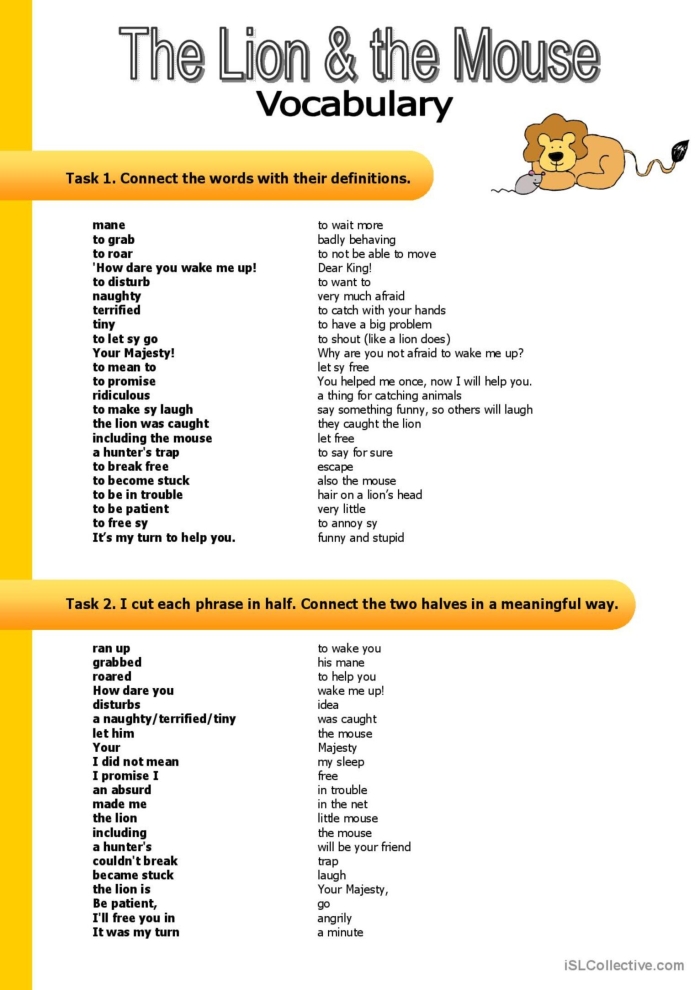 Second grade worksheet featuring the Lion and the Mouse fable for handwriting and moral analysis