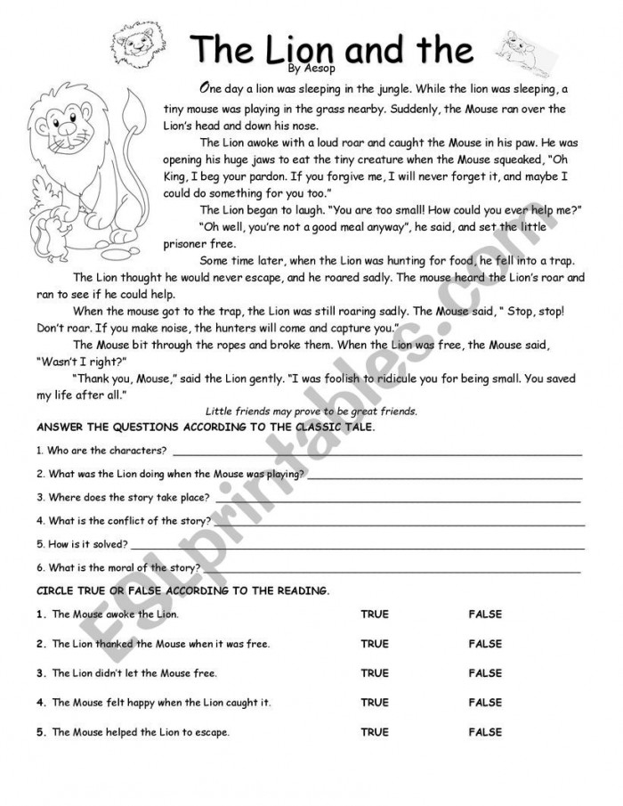 Second grade handwriting worksheet featuring the moral of the Lion and the Mouse fable