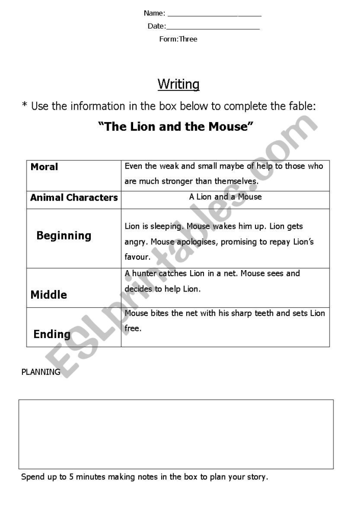 Second grade worksheet featuring a handwriting exercise about the moral of The Lion and the Mouse fable number 22