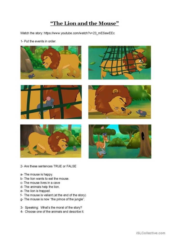 Second grade handwriting worksheet featuring Aesop fable The Lion and the Mouse