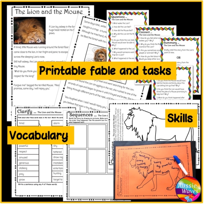Second grade handwriting worksheet featuring the Aesop fable of the Lion and the Mouse