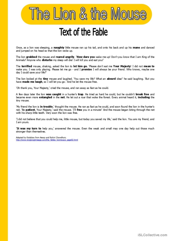 Second grade student handwriting worksheet featuring The Lion and the Mouse fable moral lesson