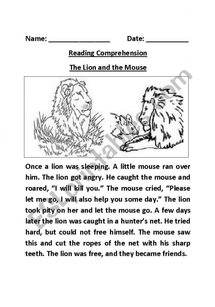 Second grade students reading The Lion and the Mouse fable worksheet with comprehension questions about the story's moral lesson
