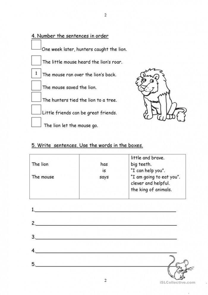 A second grade worksheet showing a reading comprehension activity about Aesop's Lion and the Mouse fable with questions about the story's moral lesson
