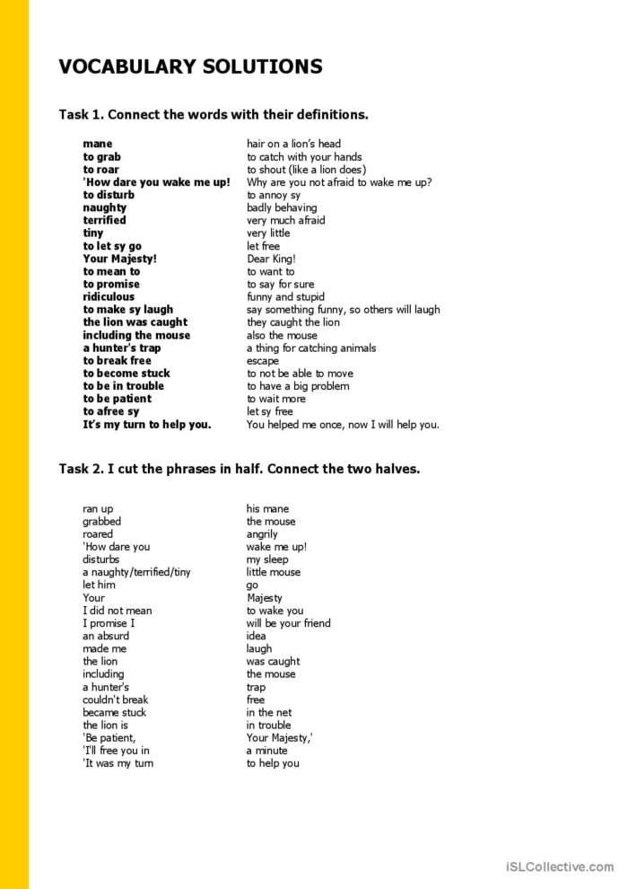 Second grade students reading and analyzing Aesop's Lion and the Mouse fable worksheet with comprehension questions about the story's moral lesson