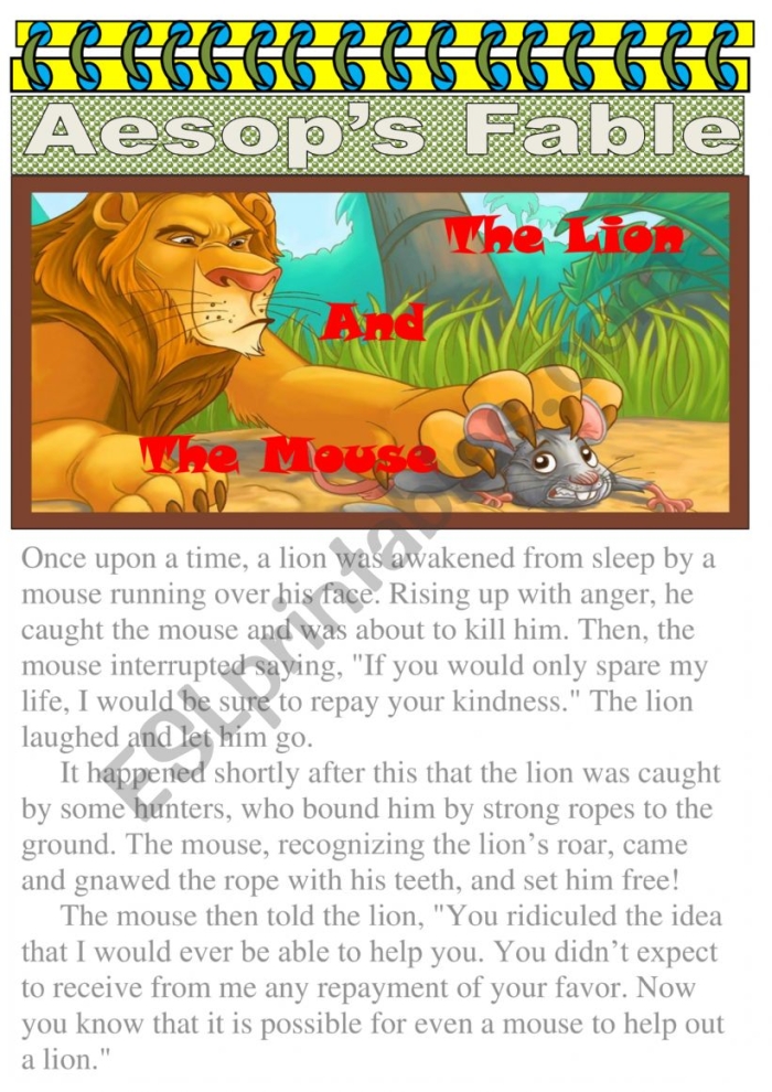 Second grade handwriting worksheet featuring Aesop fable The Lion and the Mouse for moral lesson practice 15