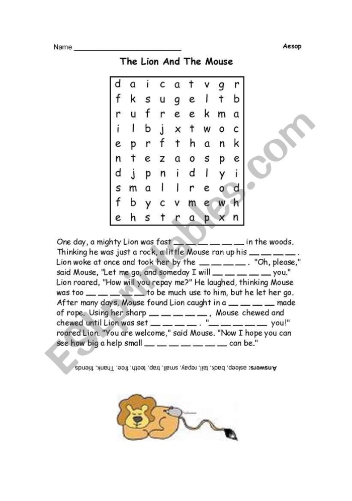 A second grade student worksheet showing a short version of Aesop's Lion and the Mouse fable with questions about the story's lesson and moral