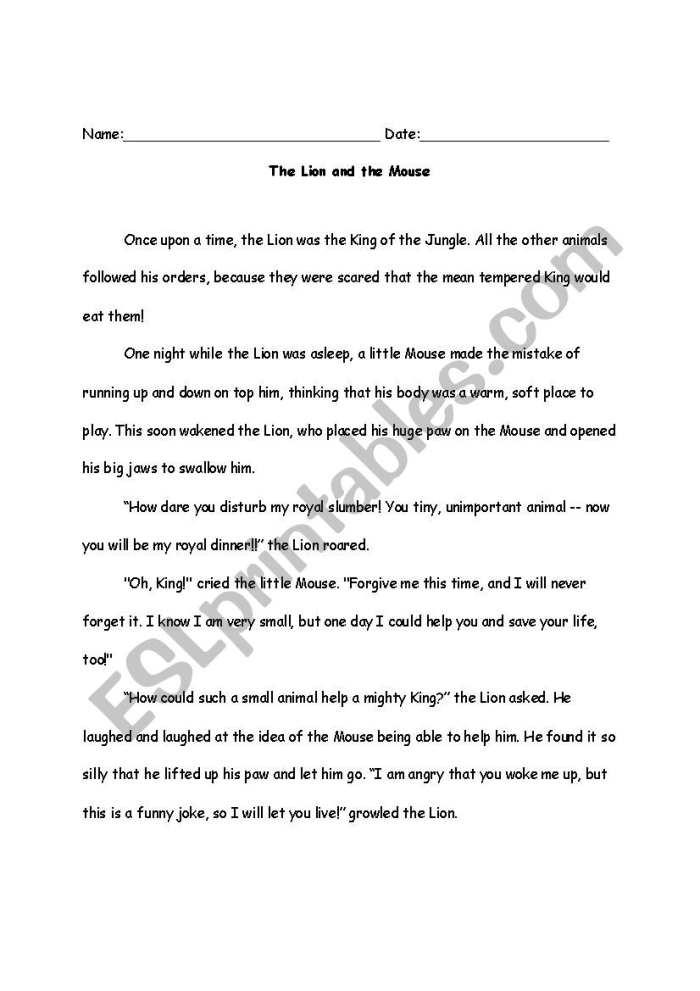 Second grade students reading and analyzing the classic Aesop fable about a lion and mouse to identify the story's moral lesson on a handwriting worksheet
