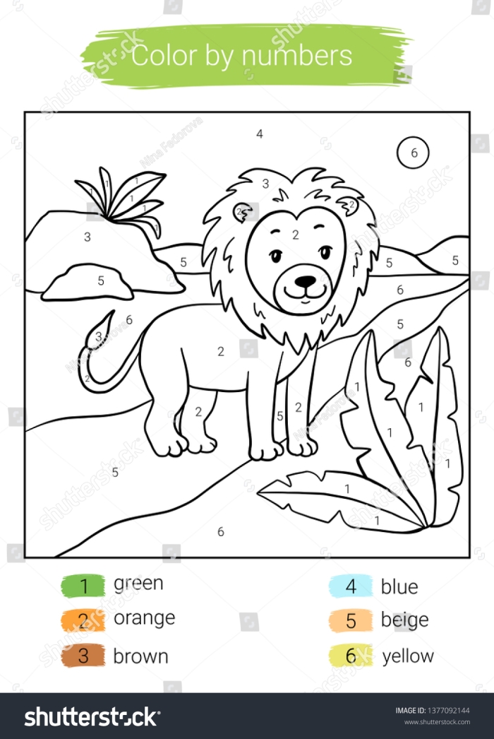 Color by Number Lion Worksheet 24 Sight Word Activity for Pre-K Students Pre-K sight word color by number worksheet featuring a friendly lion for number practice