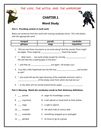 Sixth grade reading worksheet for analyzing character traits in The Lion the Witch and the Wardrobe