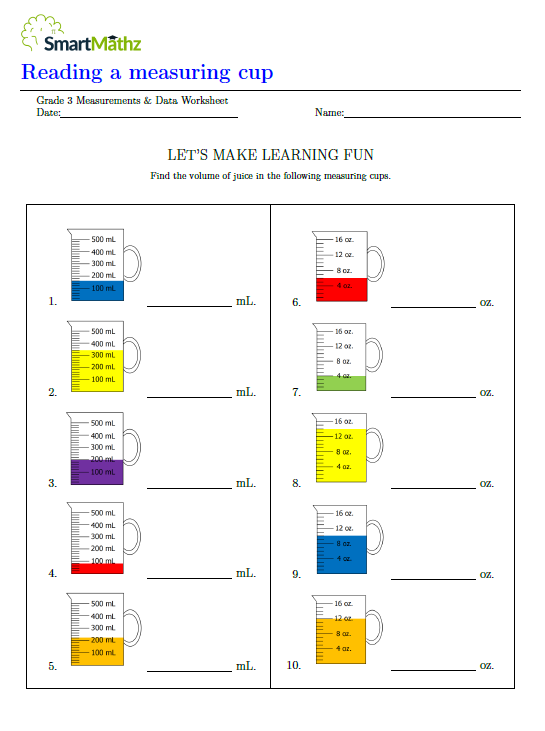 Fourth grade math worksheet featuring a measuring cup diagram to solve liquid conversion problems