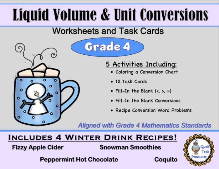 Fourth grade liquid measurement conversion worksheet with conversion table for cups, pints, quarts and gallons