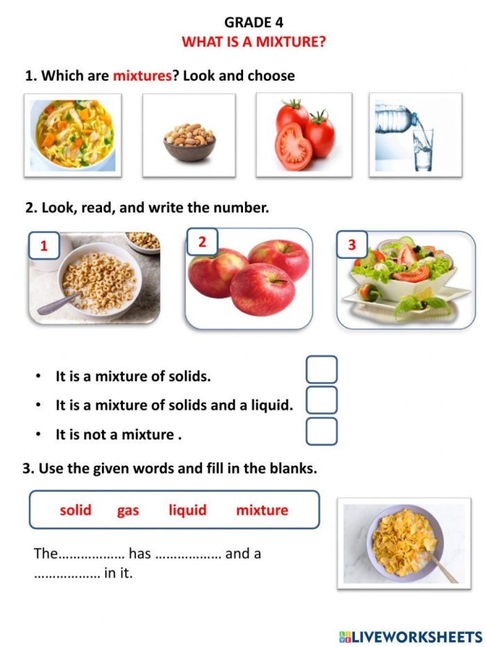 Second Grade physical science worksheet focusing on the states of matter Worksheet for kids identifying liquids in the Matter Mixup: What's a Liquid? activity