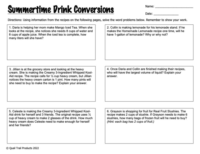 Time and Money worksheet for Fifth Grade Liquid Measure Conversion worksheet featuring cups, pints, quarts, and gallons for fifth graders. Educational resource for practicing liquid measurement conversions in cooking and math.
