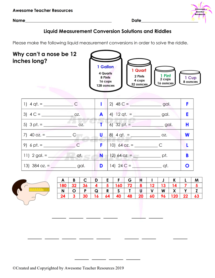 Fourth grade students practicing liquid measurement conversions using a math table worksheet