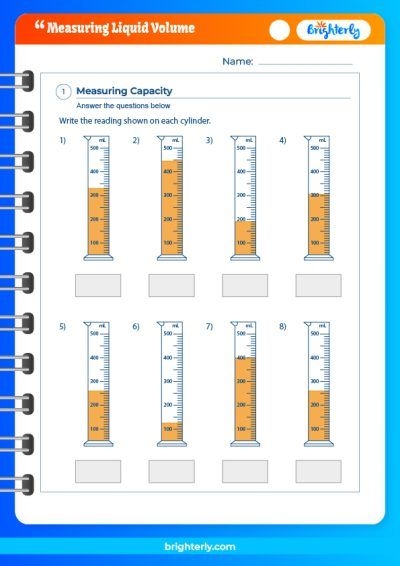 Fifth grade student learning liquid measurement conversions with cups and milliliters on a worksheet