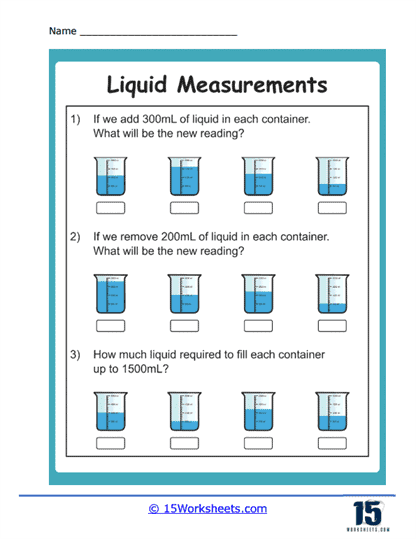 Reading Liquid Measurements in Liters and Milliliters Practice Sheet 20 Third grade students practicing reading liquid measurements in liters and milliliters on an interactive math worksheet