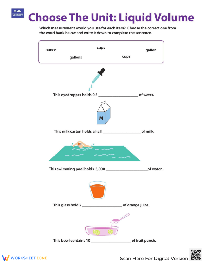 Fifth grade student measuring liquids with cups and spoons on a worksheet for learning volume